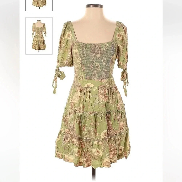 NWOT Aguabendita Floral Dress Women’s Sz MED 100% Rayon Green/Beige Tie Sleeves - Picture 2 of 9